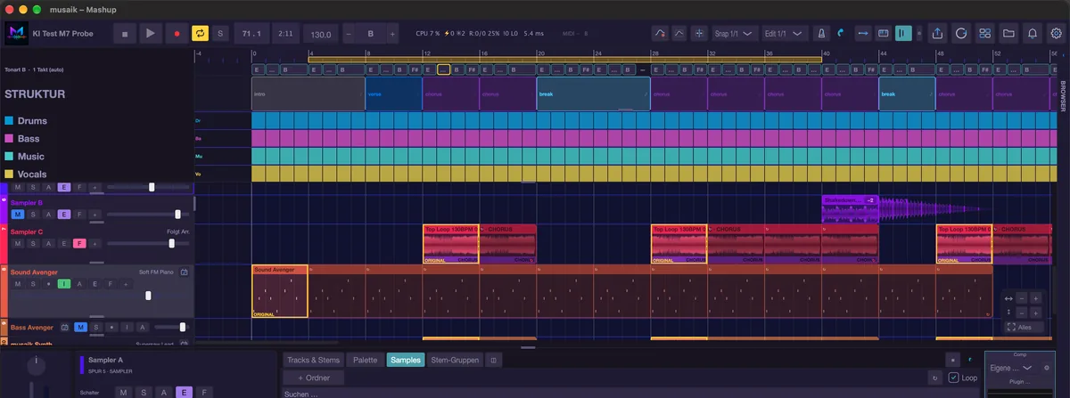 Geloopte Clips mit „ORIGINAL“-Rahmen auf Sampler- und Instrument-Spuren.
