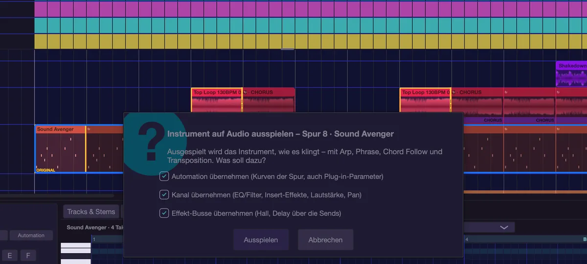 Der Dialog „Instrument auf Audio ausspielen“.