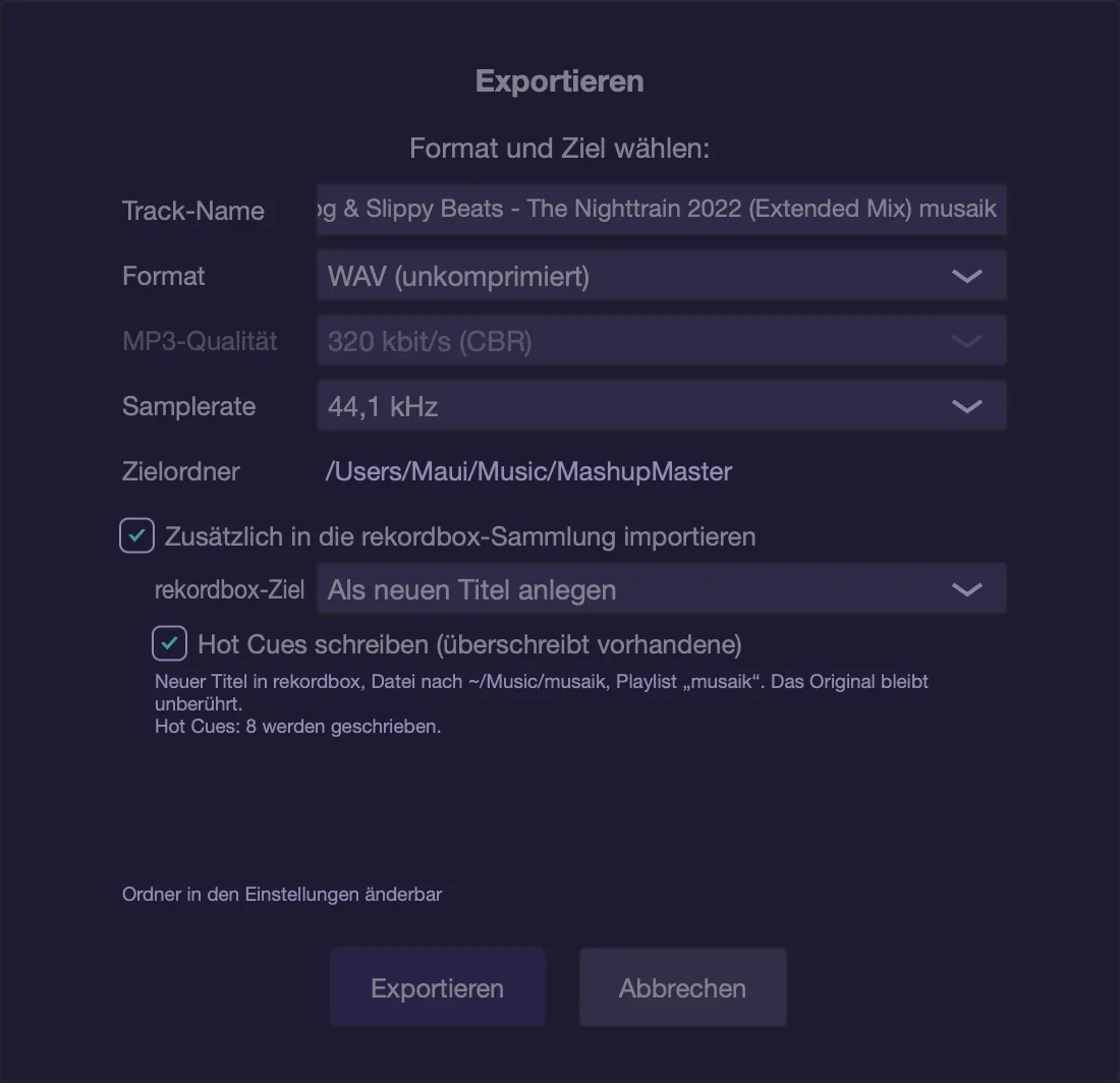 Export im Edit-Modus: rekordbox-Ziel und Hot Cues.