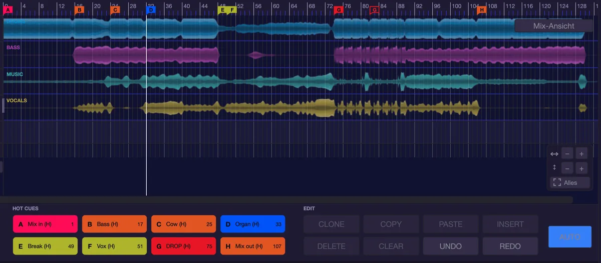 musaik Edit-Modus: Hot-Cue-Fahnen im Lineal und Pads A bis H