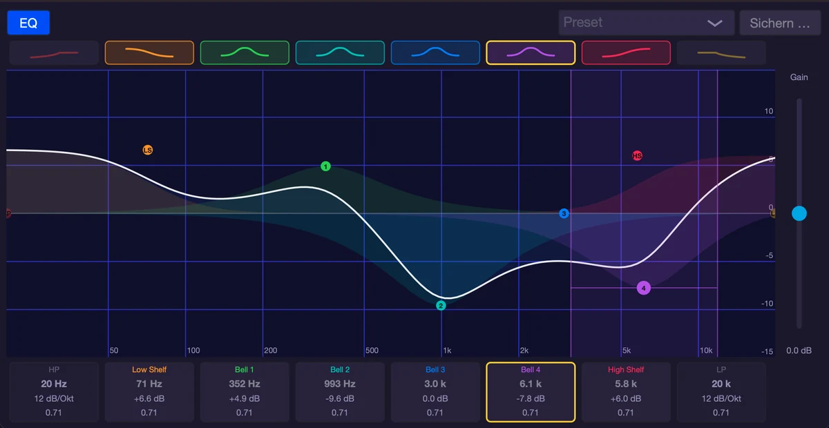 musaik 8-Band-EQ mit Kurve und Werten je Band