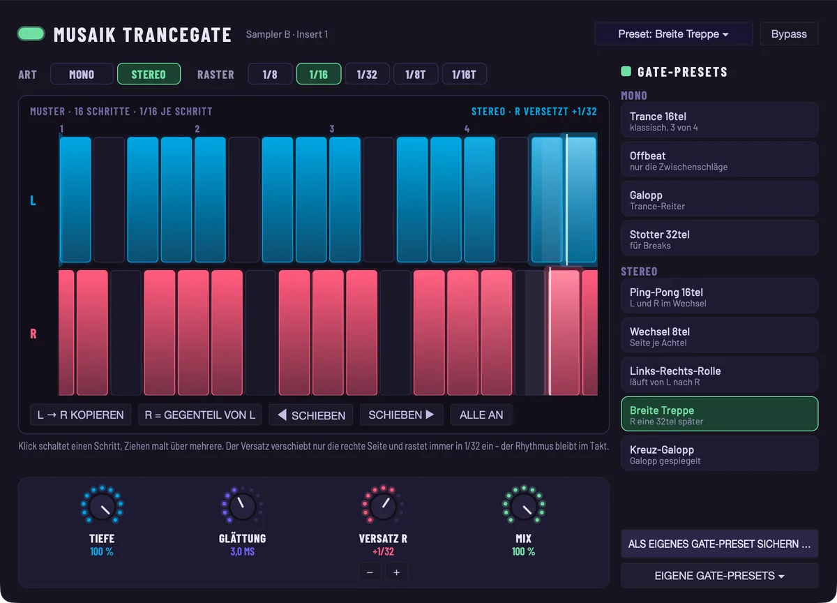 musaik Trancegate im Stereo-Modus mit versetzter rechter Seite