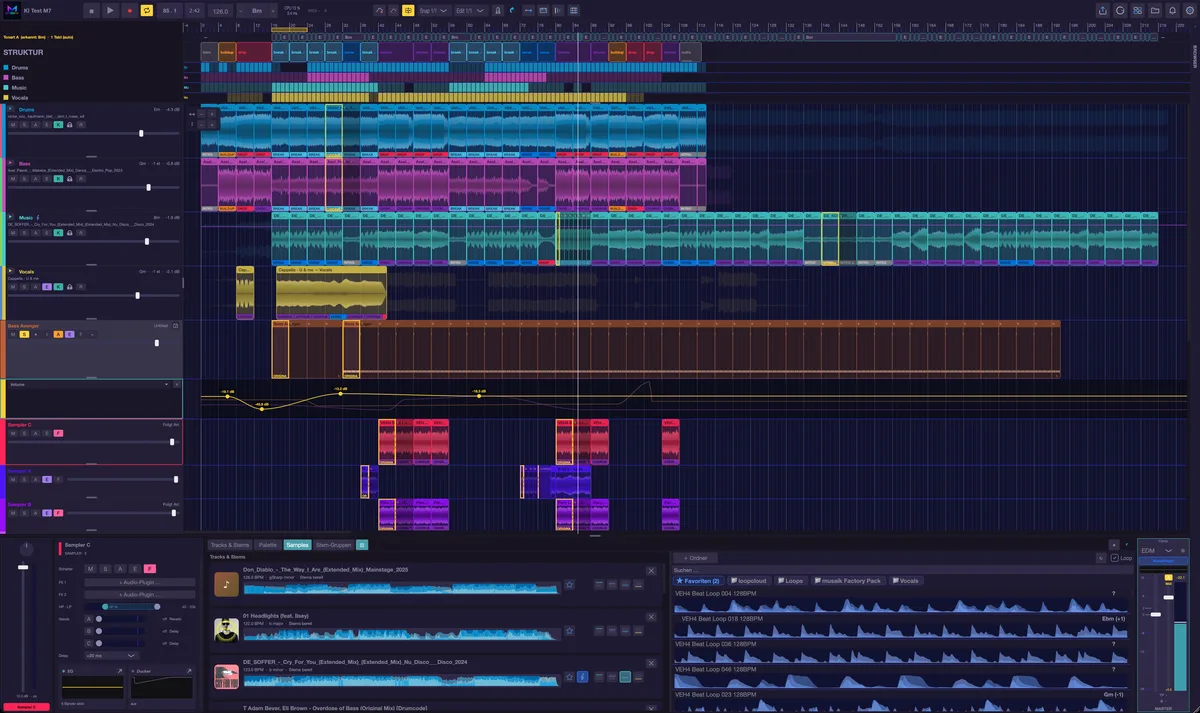 Ein Mashup-Projekt mit Element-, Sampler- und Instrument-Spuren.