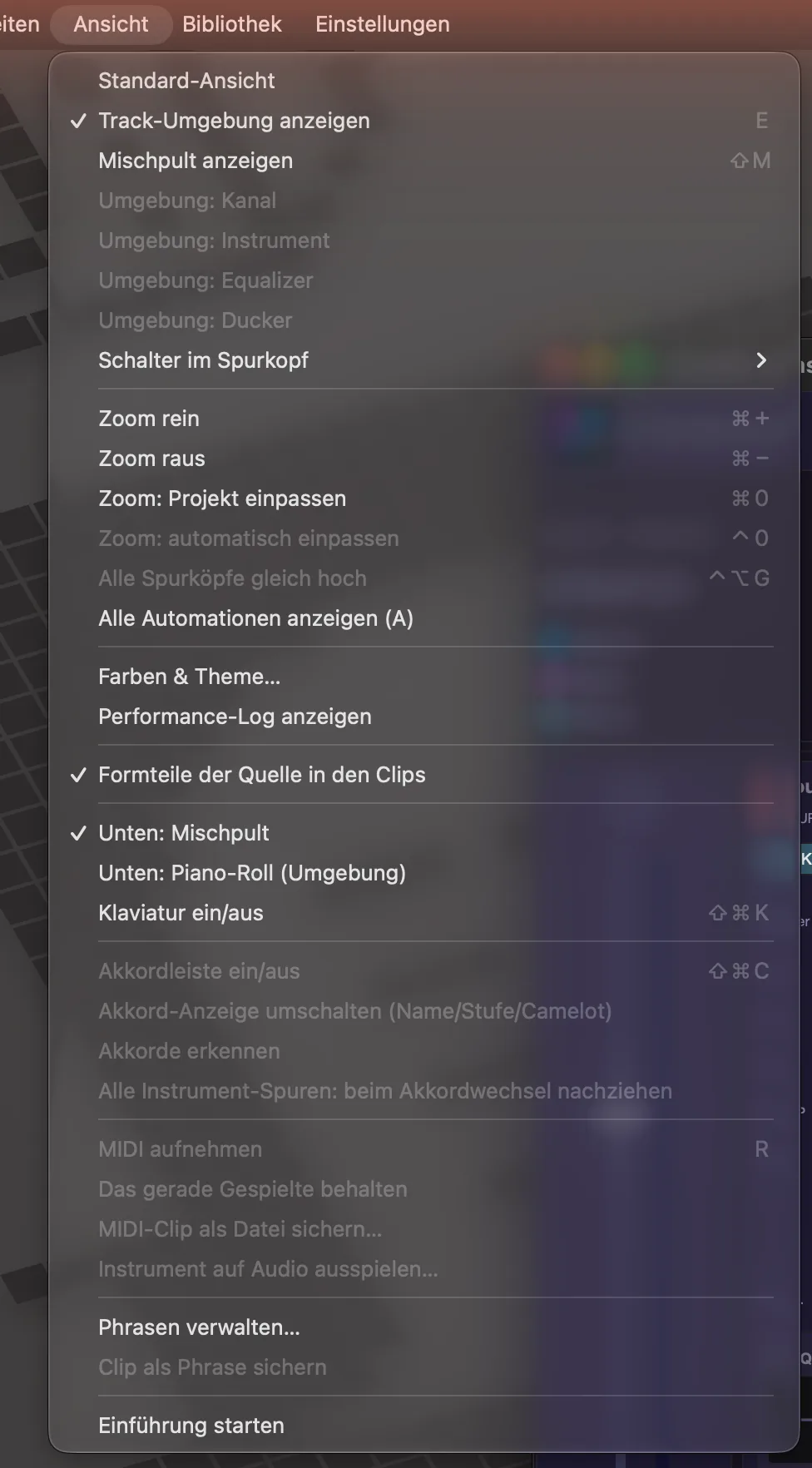 Das Menü „Ansicht“.