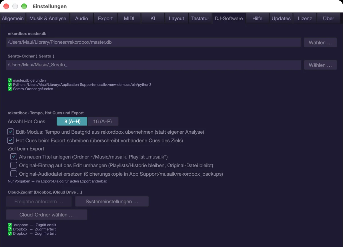 DJ-Software mit der Gruppe „rekordbox · Tempo, Hot Cues und Export“.