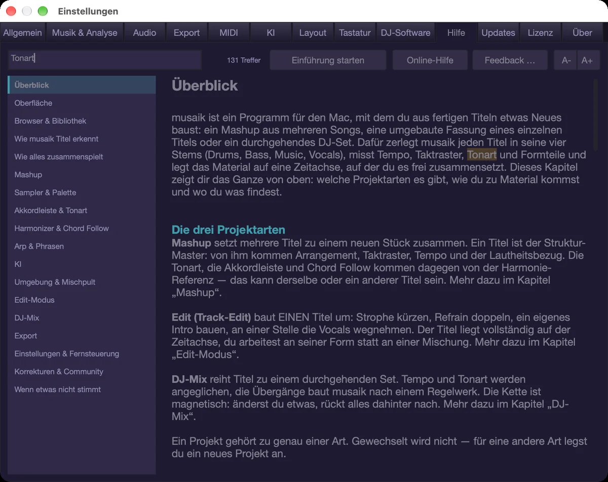 Einstellungen › Hilfe: Suche über alle Kapitel, Treffer markiert.
