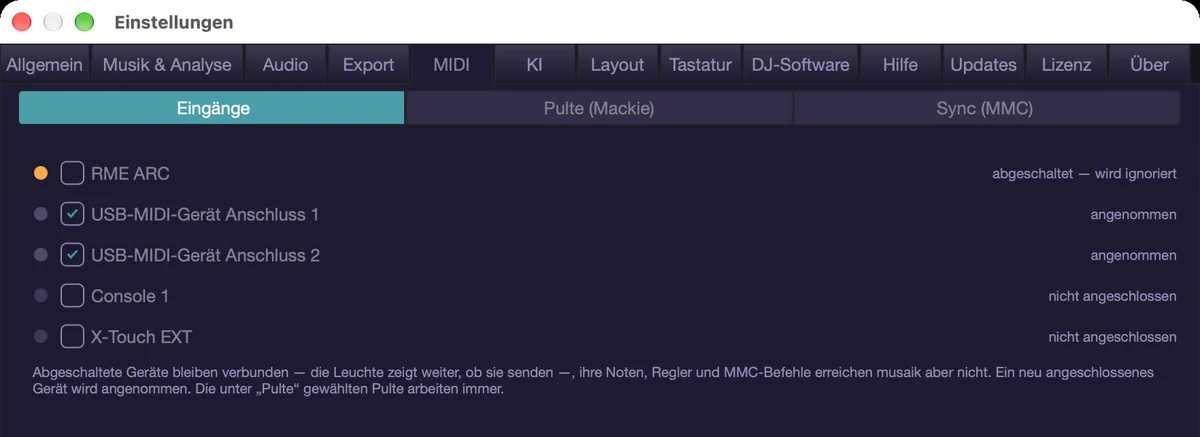 MIDI › Eingänge: von welchen Geräten musaik MIDI annimmt.