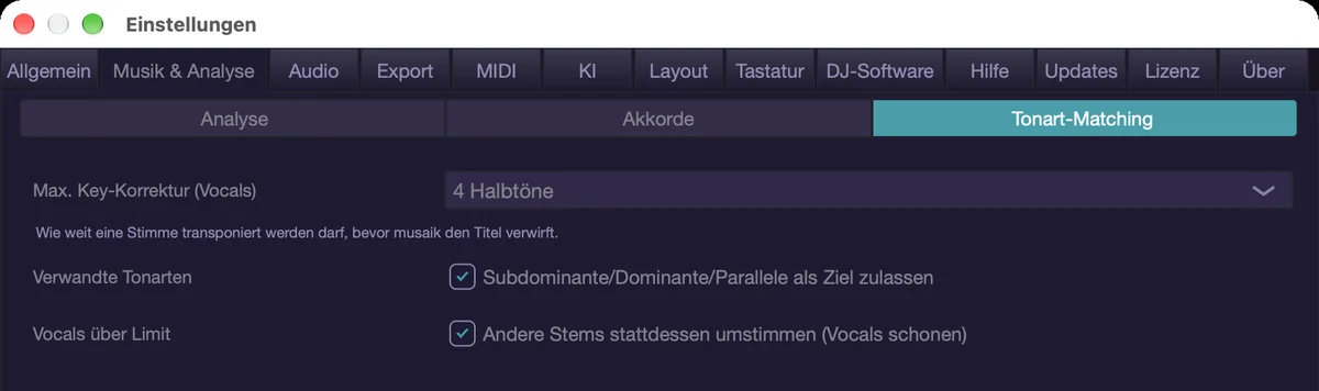 Einstellungen › Musik & Analyse › Tonart-Matching.