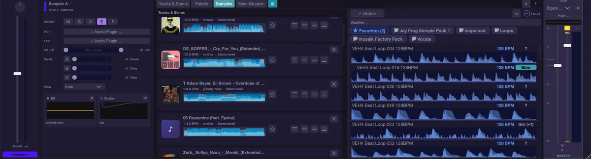 ◫: zwei Bereiche nebeneinander – links Tracks & Stems, rechts Samples.